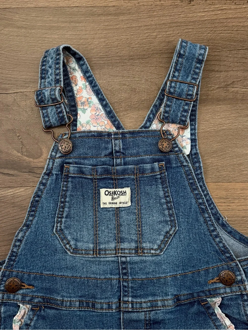 OshKosh B'gosh Toddler Denim Shortalls - Floral Print Ruffle Pocket - Size 3T